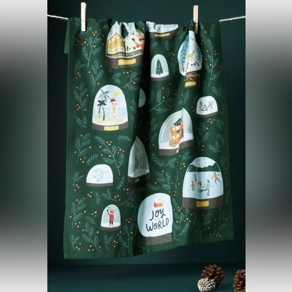 Anthropologie Christmas Holiday Green Dish Towel Joy World Snow Globe New in Pkg - Picture 9 of 9